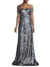 RENE RUIZ COLLECTION Sequin Off-The-Shoulder Glitter Lace Gown,0400012528482