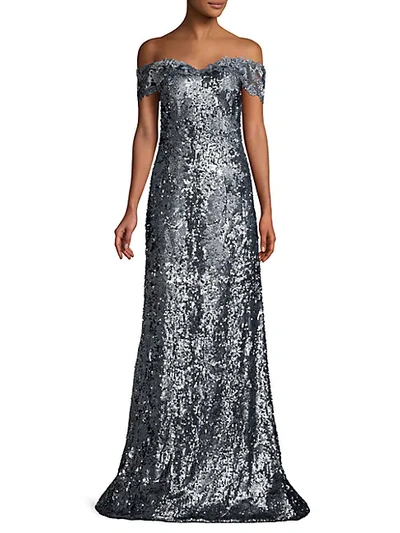 Rene Ruiz Collection Sequin Off-the-shoulder Glitter Lace Gown In Pewter