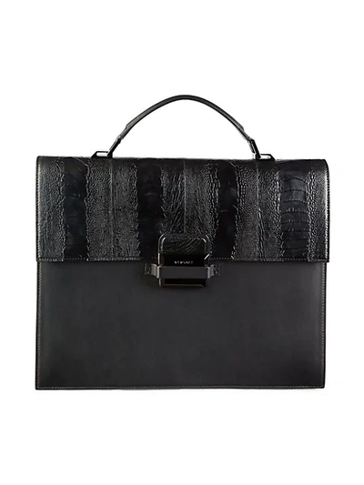 Versace Croc-embossed Leather Briefcase In Ultra Black