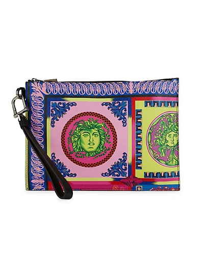 Versace Print Leather Pouch In Black Multi