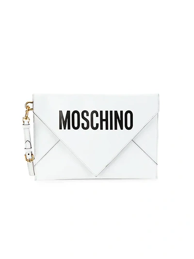 Moschino Logo Leather Convertible Wristlet Clutch In White