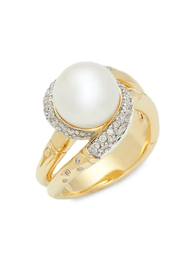 John Hardy Bamboo 18k Yellow Gold, 9.5-10mm Freshwater Pearl & Diamond Twist Ring