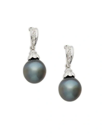 Belpearl 14k White Gold, 11mm Black Tahitian Pearl & Diamond Drop Earrings