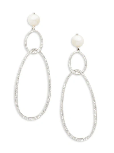 Adriana Orsini Silvertone, 7mm Round Pearl & Crystal Drop Earrings