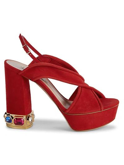 Casadei Jewel-embellished Suede Platform Slingback Sandals In Red