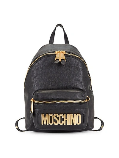 Moschino Logo Plate Pebbled Leather Backpack In Black