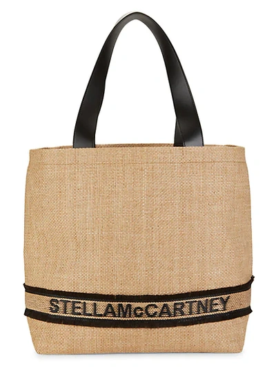 Stella Mccartney Logo Straw Tote In Khaki