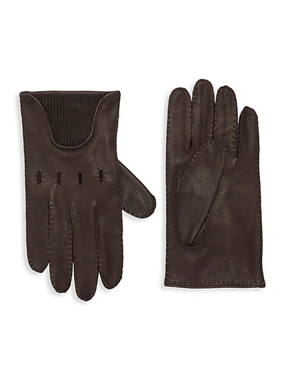 Portolano Textured Merino Wool-trim Leather Gloves In Brown