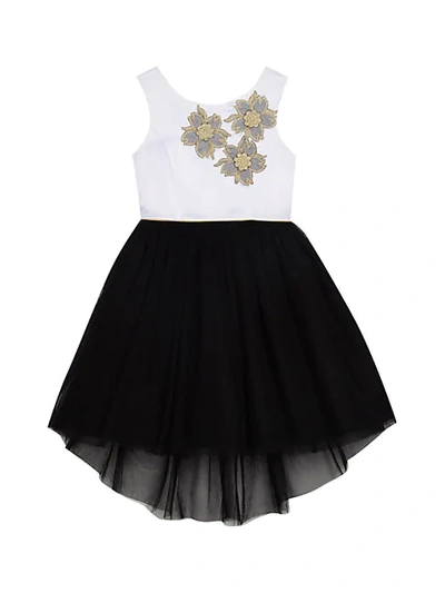 Belle By Badgley Mischka Kids' Girl's Tulle Skirt Flower Appliqué Dress In White Black