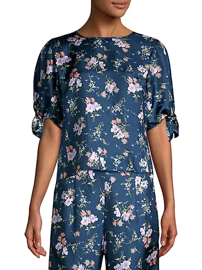 Rebecca Taylor Emilia Floral Short Sleeve Tie Top In Teal Combo