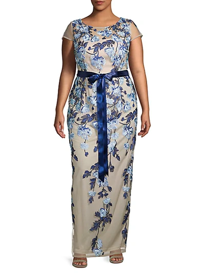 Adrianna Papell Plus Floral Column Gown In Midnight