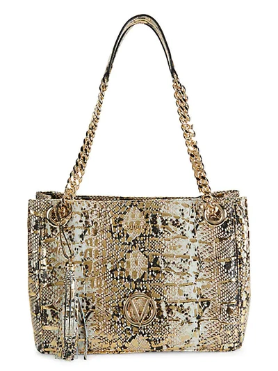 Valentino By Mario Valentino Luisa Embossed-snakeskin Leather Chain Tote In Gold