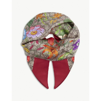 Gucci Gg Flora Print Silk Scarf In Beige & Red