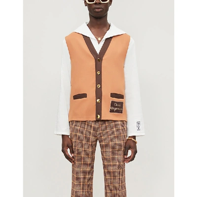 Gucci Contrast-trim Logo-embroidered Woven Waistcoat In Brown Multi