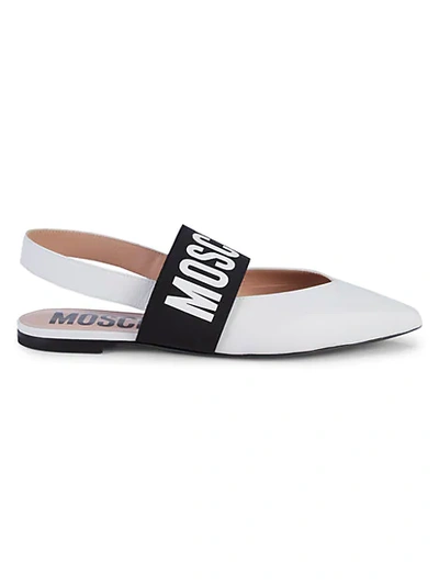 Moschino Logo Strap Leather Slingback Flats In White