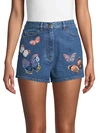 VALENTINO BUTTERFLY-EMBROIDERY DENIM SHORTS,0400012493285