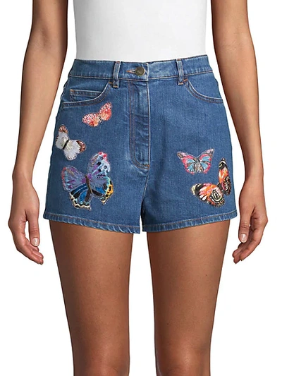 Valentino Butterfly-embroidery Denim Shorts In Blue