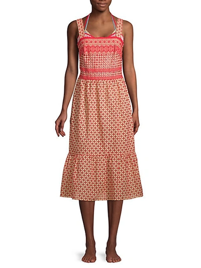 Shoshanna Eyelet Apron Coverup Dress In Red Beige