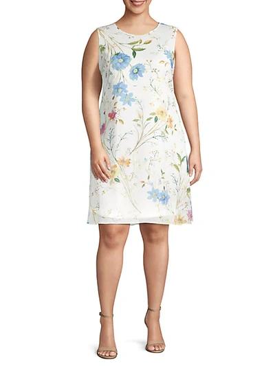 Calvin Klein Plus Size Floral-print Shift Dress In White Multi