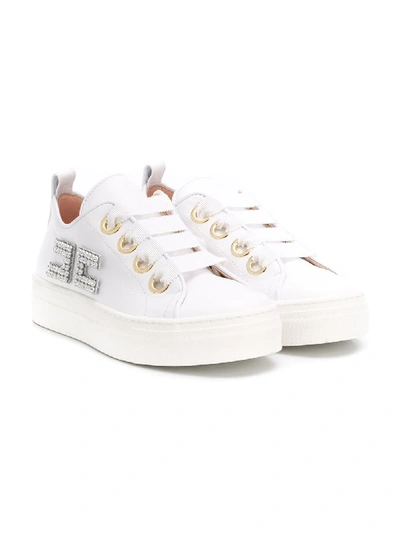 Elisabetta Franchi La Mia Bambina Teen Crystal Logo Plaque Sneakers In White