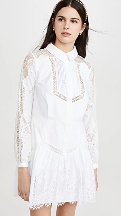 Self-portrait Lace And Gauze-trimmed Cotton-poplin Mini Shirt Dress In White