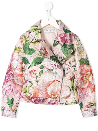 Dolce & Gabbana Kids' Floral Print Biker Jacket In Multicolour