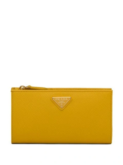 Prada Saffiano Logo Plaque Wallet In Yellow