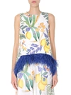 La Doublej La Scala Printed Feather-trimmed Cotton-blend Top In Multicolour