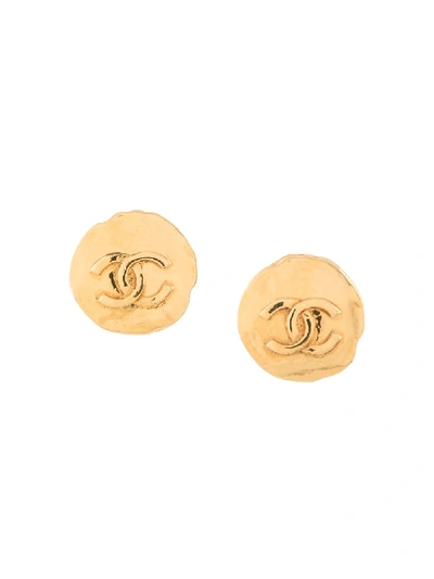 Pre-owned Chanel 1993 Cc Logo Button Earrings In Gold