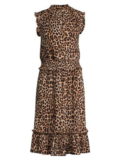 Michael Michael Kors Leopard-print Shirred-waist Dresss In Dark Camel