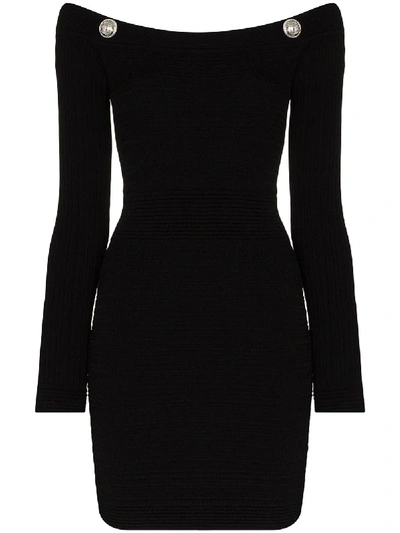 Balmain Off The Shoulder Knitted Dress In Black