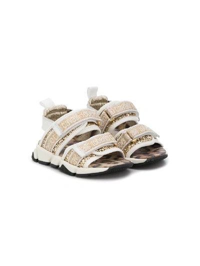 Roberto Cavalli Kids' Sequinned Logo-print Sandals In Gold