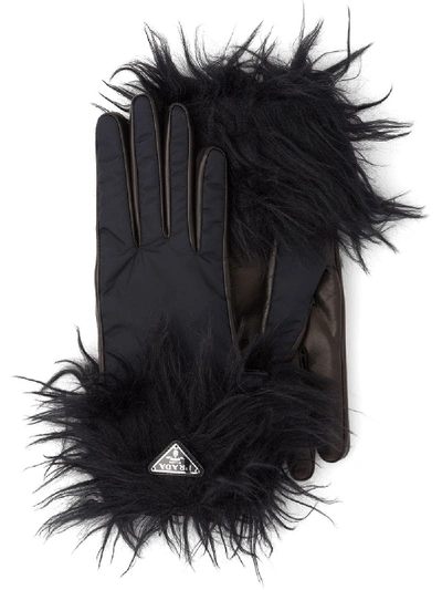 Prada Textured Trim Gloves In Black