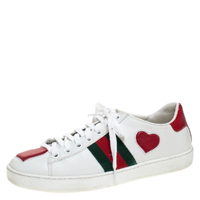 Pre-owned Gucci White Leather Ace Web Heart Detail Lace Up Sneaker Size 35