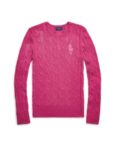 Polo Ralph Lauren Beaded Pony Cable-knit Long-sleeve Cotton Sweater In Fuchsia