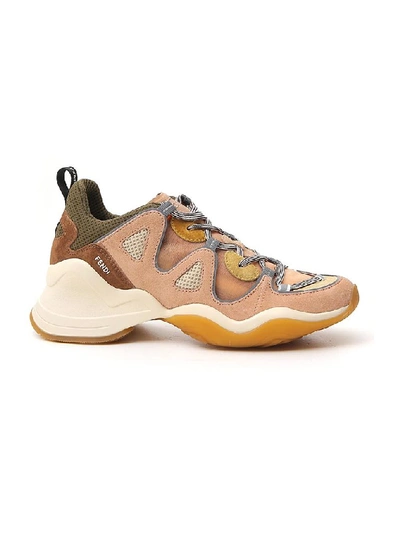 Fendi Mixed-media Chunky Leather Sneakers In Brown