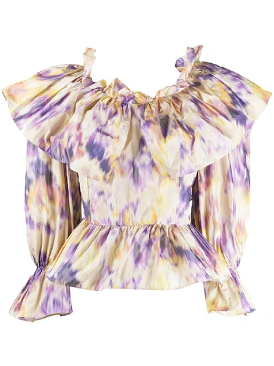 Msgm Abstract-print Ruffle Bib Blouse In Neutrals