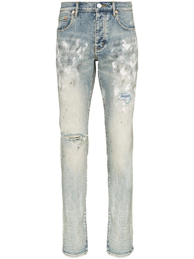 Purple Brand Mens Light Indigo P001 Paint Blowout Low-rise Slim-fit Stretch-denim Jeans In Blue