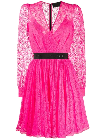Philipp Plein Lace Wrap Front Dress In Pink