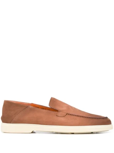 Santoni Brown Minimal Leather Loafers