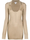 Bottega Veneta Scoop Neck Ribbed Long Knitted Top In Neutrals