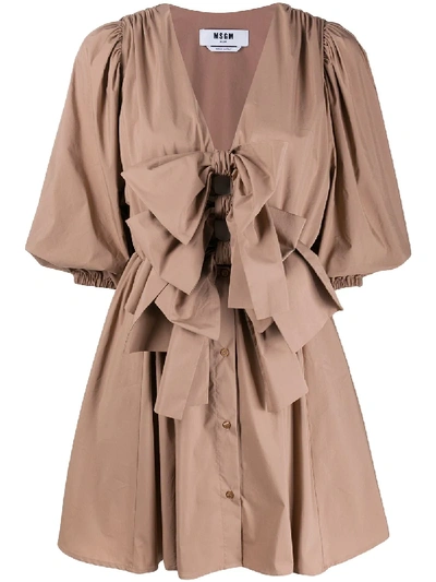 Msgm Bow-embellished Mini Dress In Neutrals