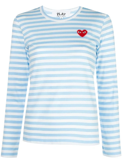 Comme Des Garçons Play Comme Des Garcons Play 蓝色 And 白色 Heart Patch 条纹长袖 T 恤 In Blue