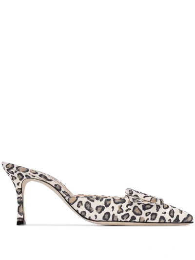 Manolo Blahnik 70mm Maysale Leopard Printed Suede Mules In White