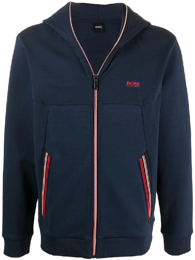 Hugo Boss Contrast-stripe Zip-up Hoodie In Blue