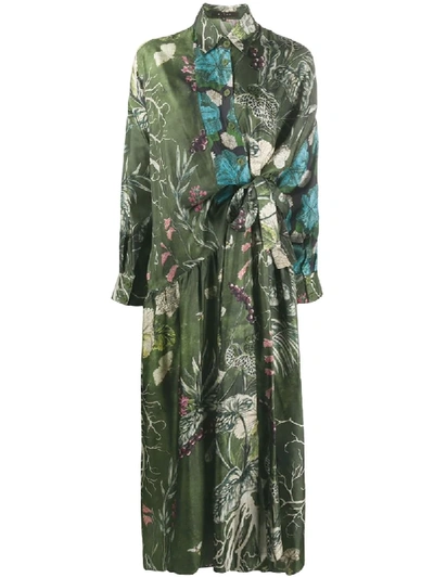 Biyan Silk Floral Long-sleeve Shirt Dress In Green