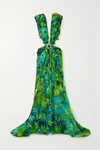 VERSACE CUTOUT EMBELLISHED PRINTED SILK-CHIFFON GOWN