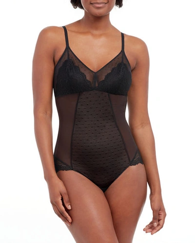 Spanx Spotlight Lace-trimmed Stretch-tulle Bodysuit In Very Black