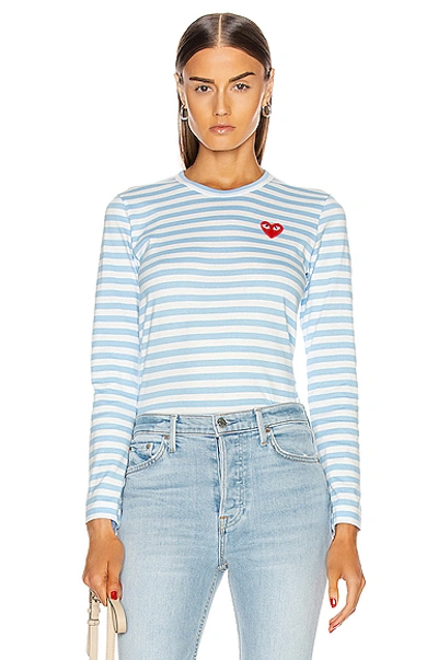 Comme Des Garçons Play Striped Heart Patch Long Sleeve T-shirt In Blue