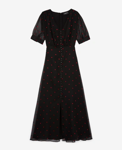 The Kooples Long Short-sleeve Black Dress W/buttons&heart In Black/red